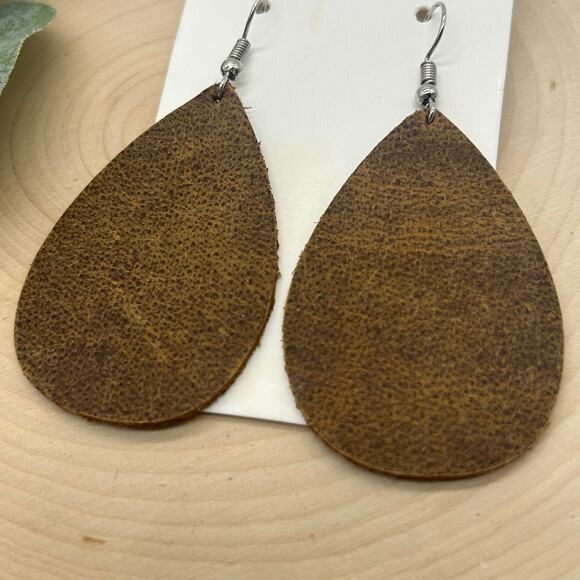 5/$25 Genuine Leather Brown Lightweight Teardrop Neutral Minimalist Earrings - Picture 2 of 4